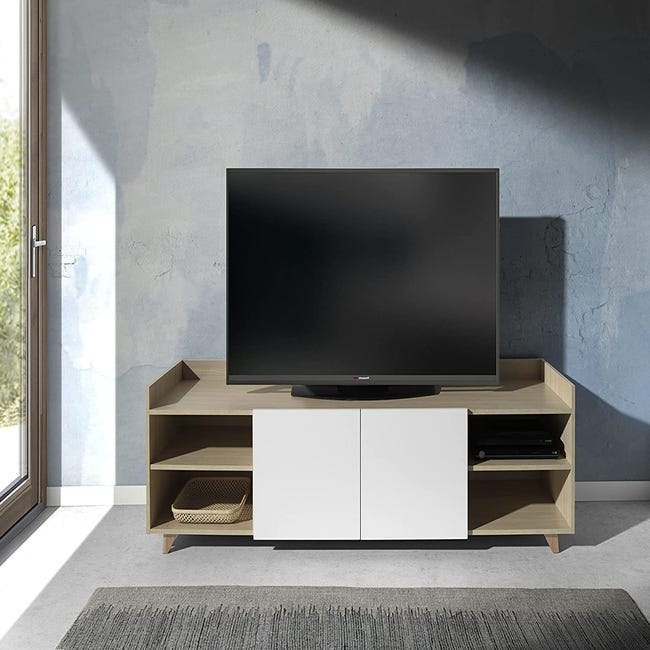 Mueble TV Brønderslev con 3 compartimientos aglomerado 45 x 160 x 37 cm -  blanco / efecto madera [en.casa]