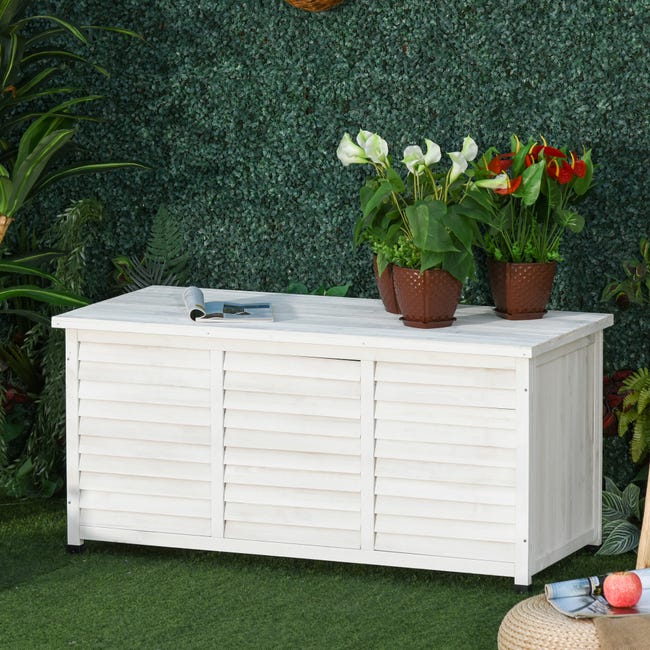 Baúl de exterior en madera color blanco  Baul jardin, Arcones de madera,  Cubiertas de madera