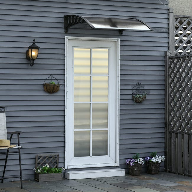 Marquesina exterior para Puertas Mellerud protección policarbonato /  plástico 120 x 100 cm - Transparente y Negro [en.casa]