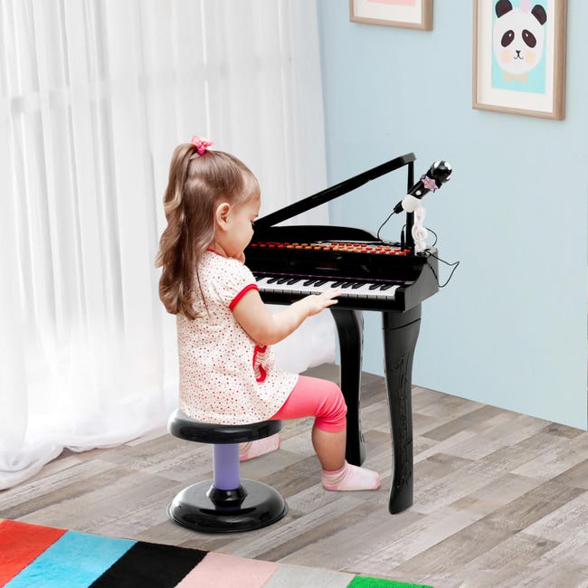 HOMCOM Piano Infantil 37 Teclado Electrónico Juego de Piano con Micrófono Taburete Luces y 22 Canciones USB/MP3 Karaoke Modo de Enseñanza Negro | Leroy Merlin