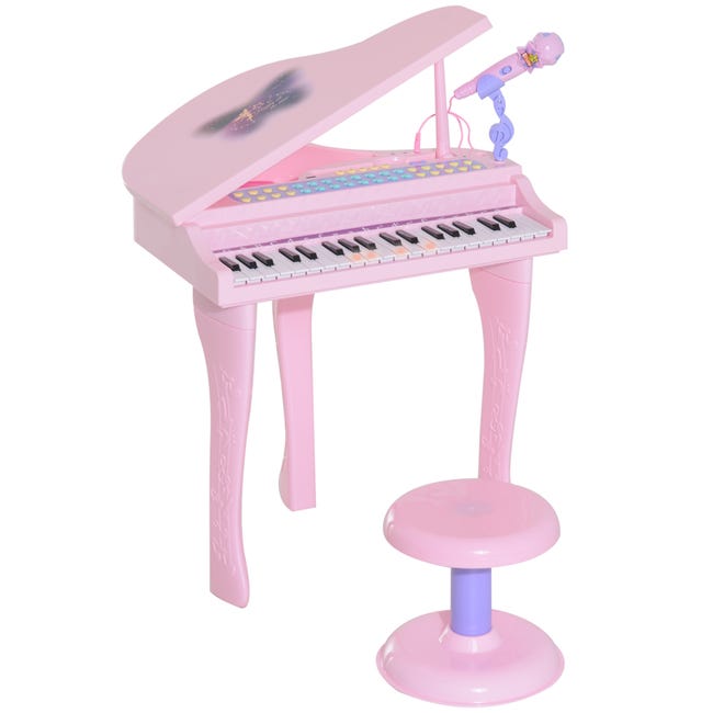 HOMCOM Piano Infantil 37 Teclas Teclado Electrónico Juego de Piano Micrófono Taburete Luces y 22 Canciones USB/MP3 Karaoke Modo de Enseñanza Rosa | Leroy Merlin