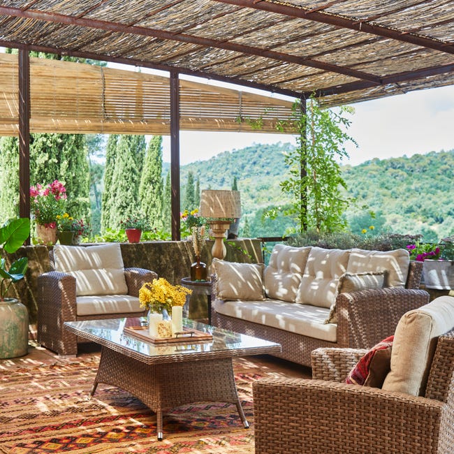 Conjunto de jardín 1 sofá de 2 plazas + 2 sillones + 1 mesa alta  140x80x68cm ratán sintético y aluminio - Bolonia | Leroy Merlin