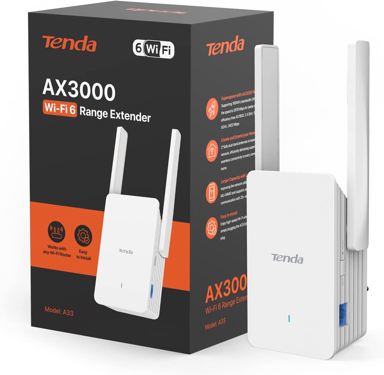 TENDA Répéteur WiFi 6 MESH AX3000, Configuration Facile, port