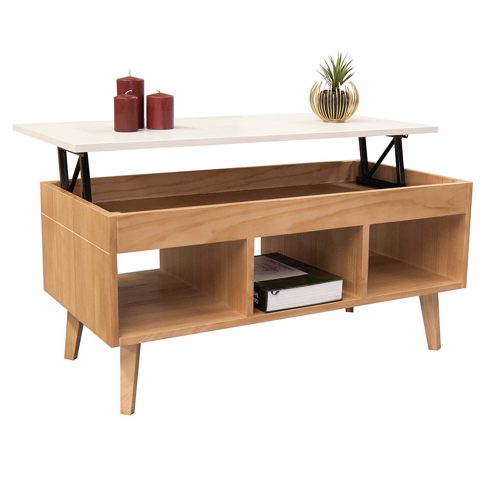 Conjunto de muebles de salón completo en color madera natural con mesa  elevable