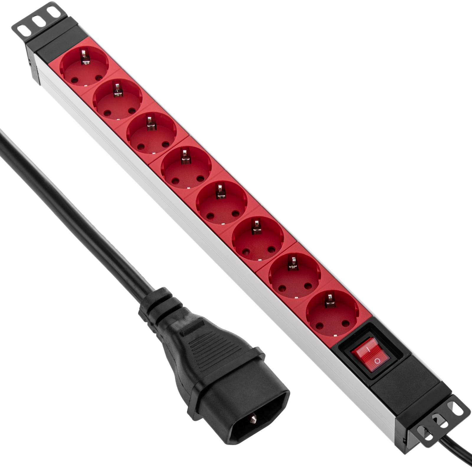 Regleta de 8 enchufes schuko con enchufe C14 e interruptor compatible con  armario rack de 19” color rojo