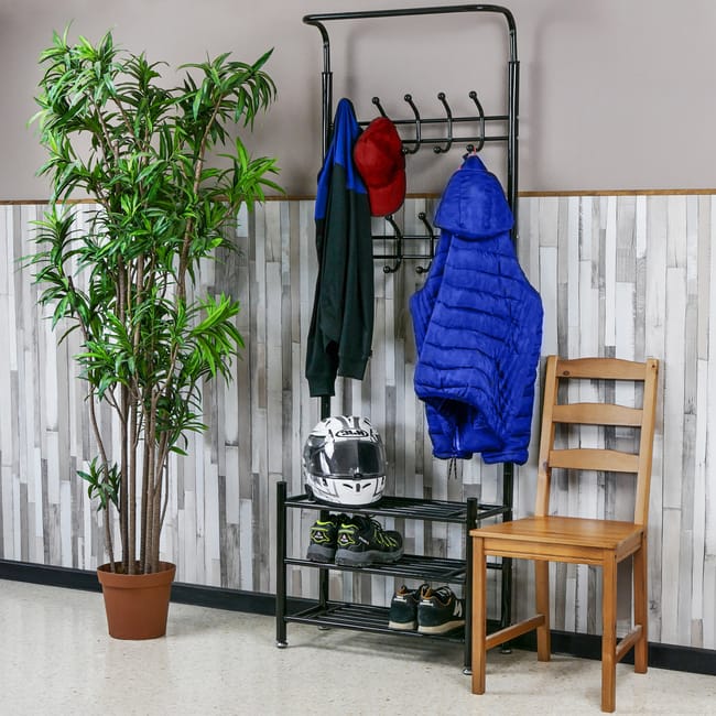 Perchero de pie con zapatero de metal de color negro con 18