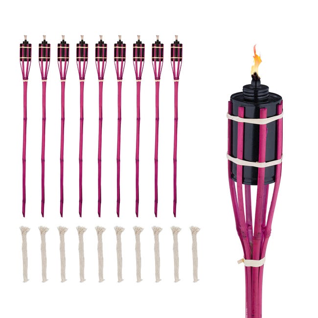 Set 10 Fiaccole Da Giardino Relaxdays - In Bambù E Ferro, Altezza 50 Cm, Accensione A Olio - Foto 3