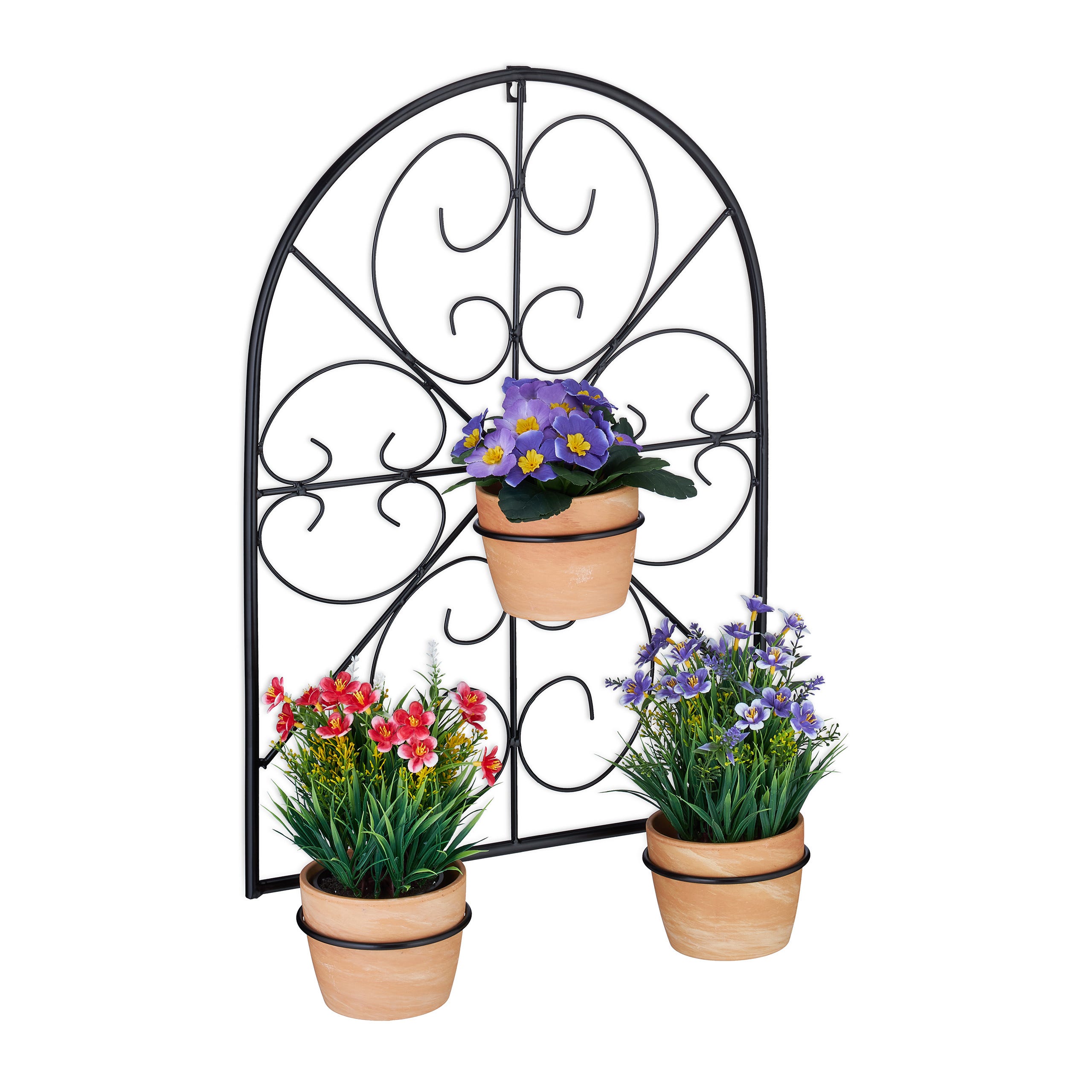 Relaxdays Porte-plantes mural, pour 3 pots de fleurs avec diamètre 11,5 cm,  en métal (fer), design rétro, noir