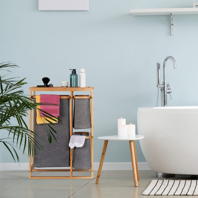 Relaxdays Meuble à linge, 3 bacs, bambou, étagère pour salle de bain avec  compartiments, HLP 70x50x30,5 cm, nature/gris