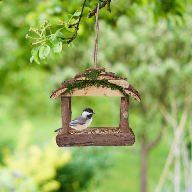 Relaxdays Mangiatoia per Uccelli, Casette in Legno Dispenser di Mangime da  Esterno, Decorazione da Giardino, Marrone