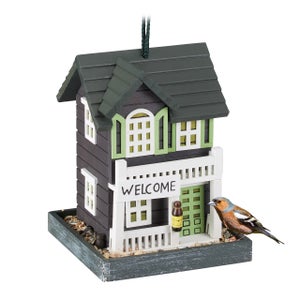 Relaxdays Mini maison d'oiseau, Déco pour suspendre, Bois non traité,  balcon, Petite maisonnette, 16,5x12x9