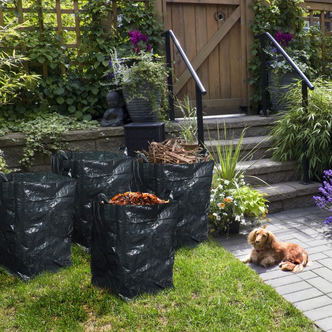 Relaxdays Lot de 4 sacs à déchets jardin, 200 L, étanches, pliables,  feuillages, 3 poignées, végétaux, vert foncé