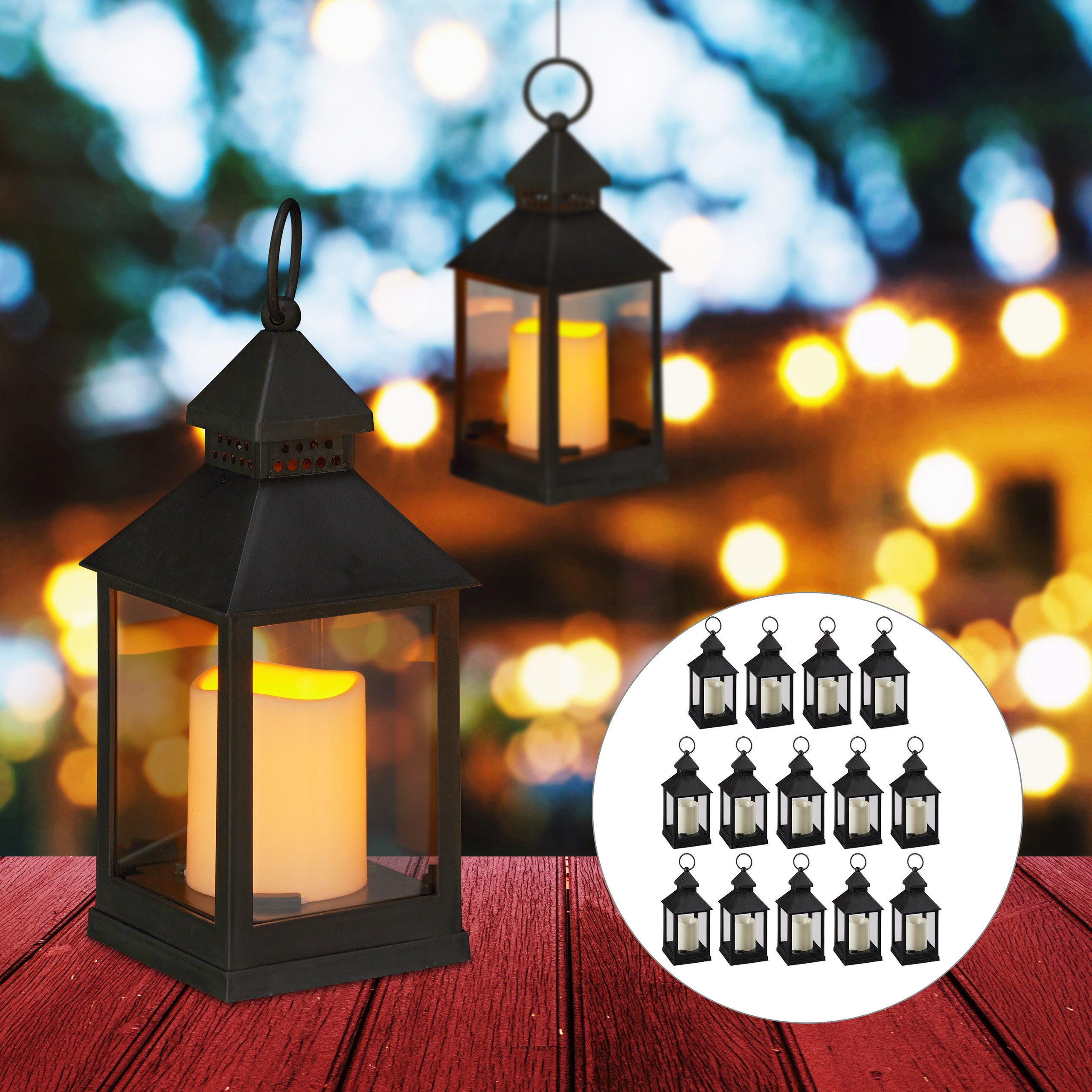 Lanterne LED, lot de 16, Chandelle avec effet flamme, pour extérieur,  lanterne nostalgique, H 23 cm, noir