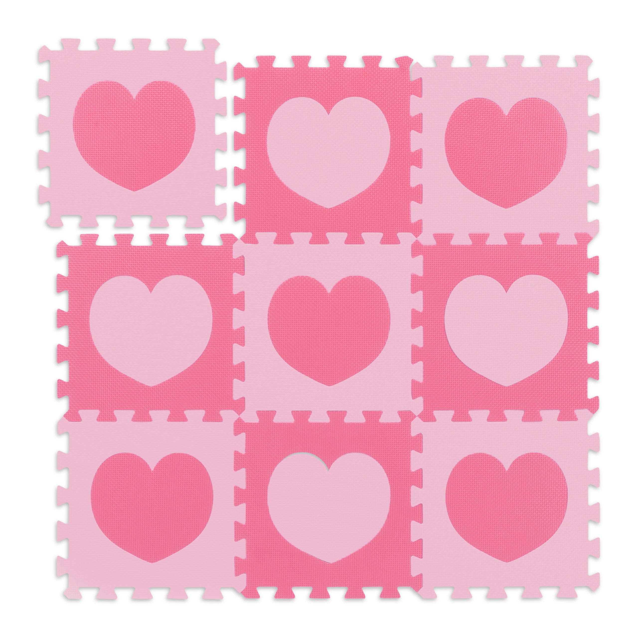 Relaxdays Tapis de sol puzzle bébé éveil, motif cœur, 18 pièces, mousse  sans polluants, LxP: 91,5 x 91,5 cm, rose/ fluo