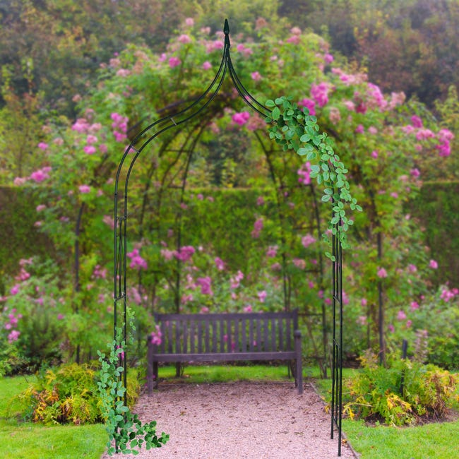 Relaxdays Arco per Rampicanti da Giardino, Sostegno in Ferro per Rose, HLP:  270x145x37 cm, Supporto Piante, Verde Scuro