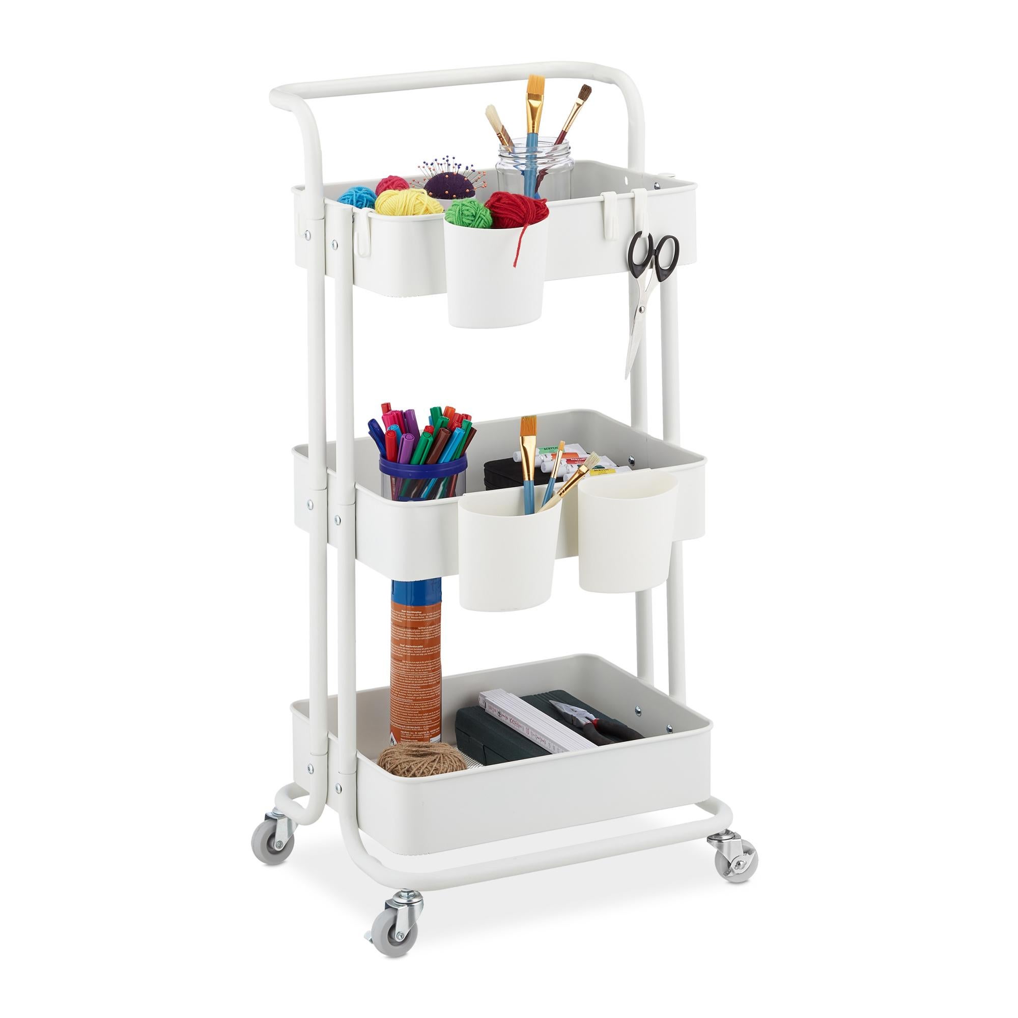 Relaxdays Carrello Da Cucina Con Ruote, 3 Cestini E Ripiano Portaoggetti Per Bagno E Ufficio 855x325x40 Cm Bianco 79610376