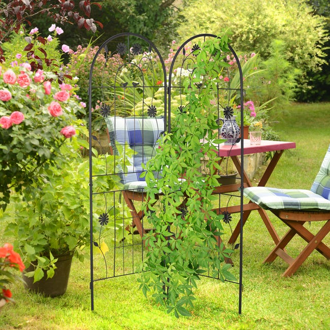 Relaxdays Treillis jardin, métal, tuteur pour plantes grimpantes design  floral, arceau à planter, HxL : 120x40 cm, noir