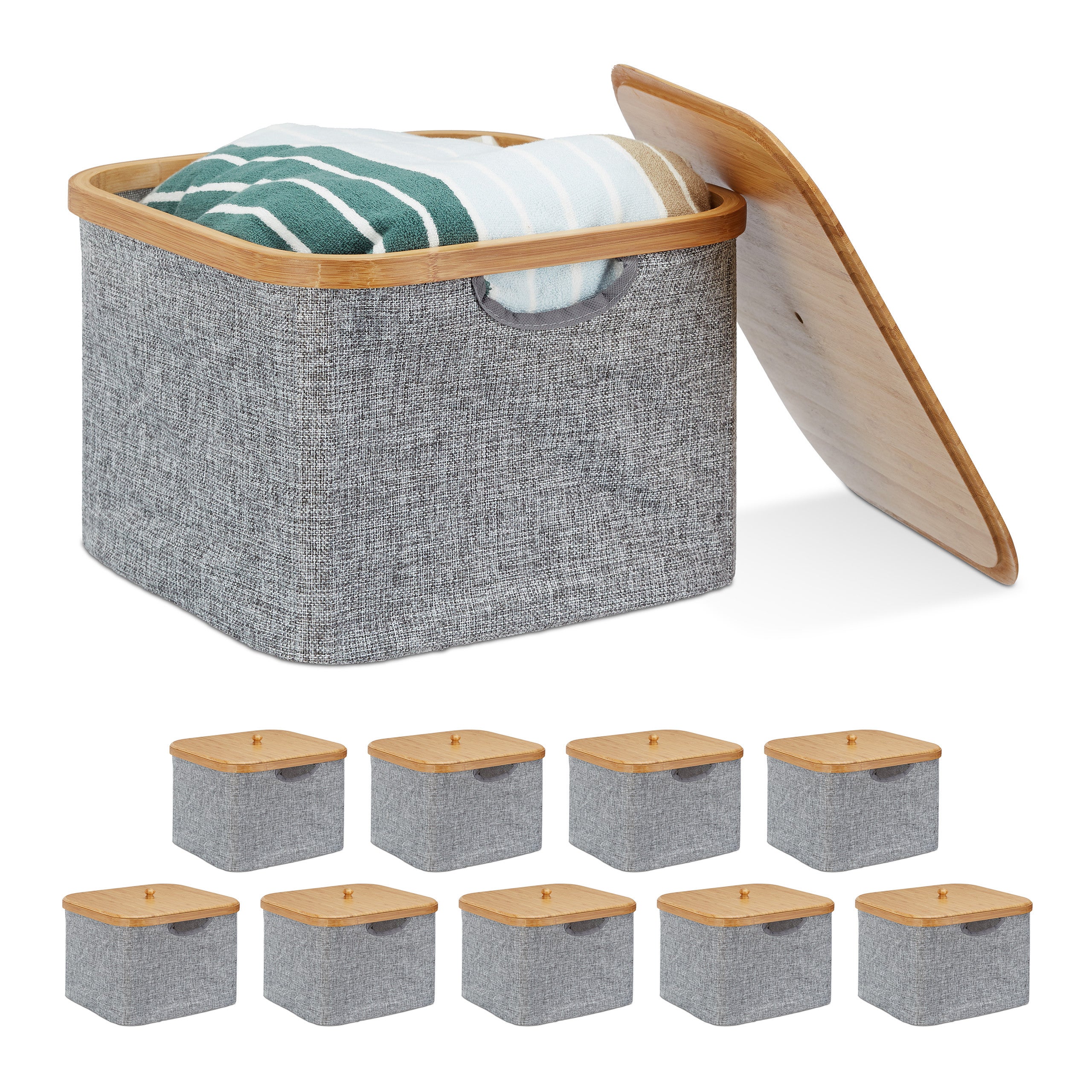 Boîte de rangement avec couvercle en tissu et bambou gris EASE