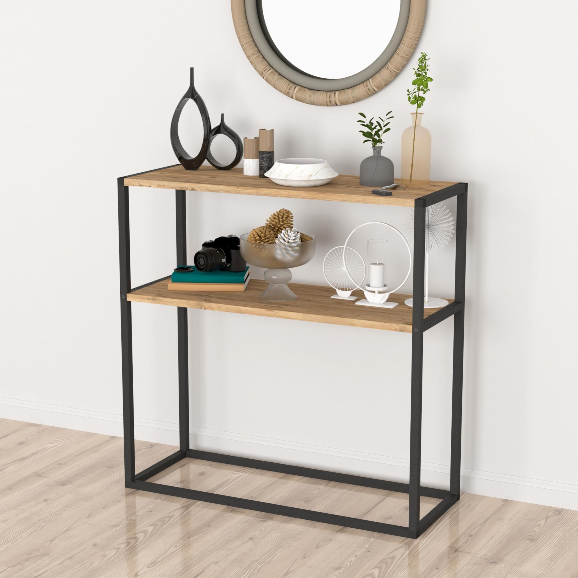 Tavolo A Consolle Mobile Con 2 Piani In Acciaio – Scaffale Da Terra 80x80x26 Cm Nero, Per Ingresso, Soggiorno O Studio