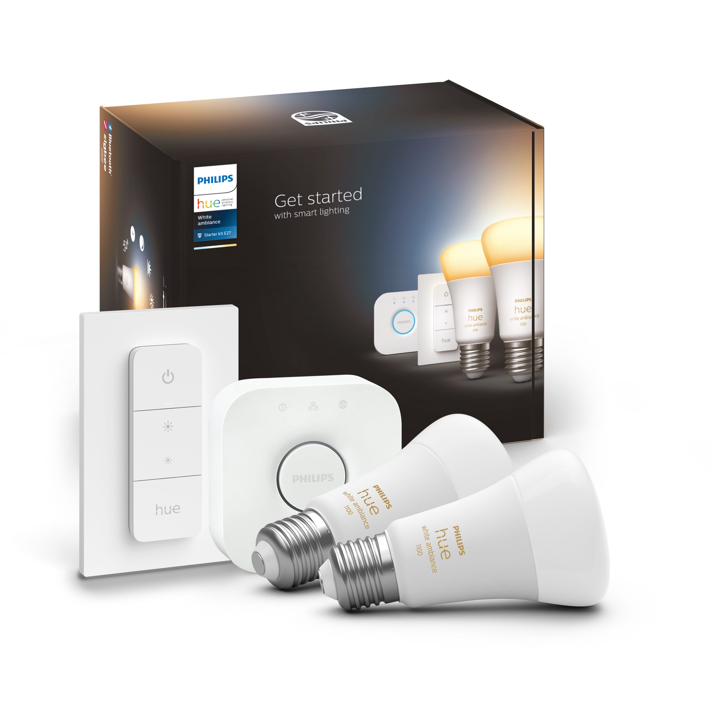 Philips Hue White Ambiance, Kit de démarrage E27 x 2, pont et télécommande,  compatible Bluetooth