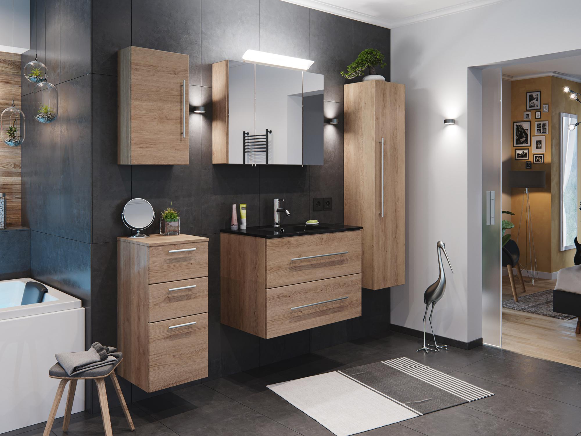 Ensemble de SDB BRIDGE 80 (5 Pièces/C) en décor chêne et armoire de