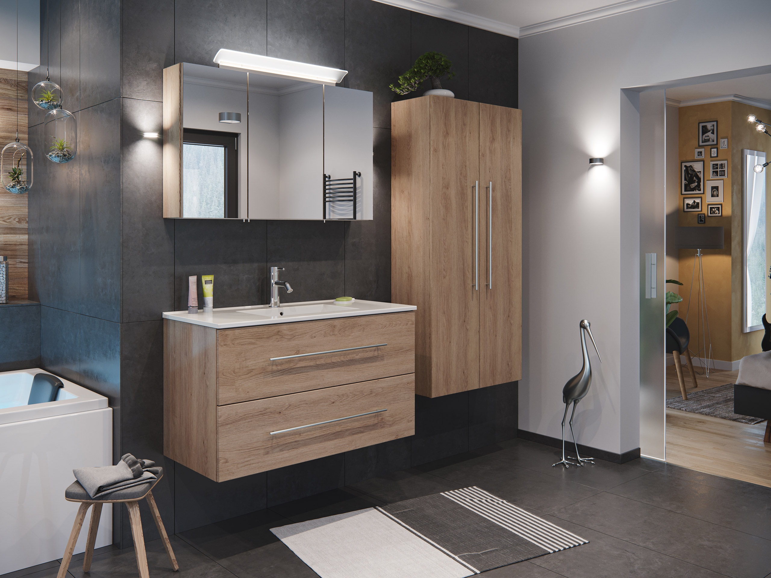 Ensemble de SDB FIRENZE 100 (4 Pièces/C) en décor chêne avec armoire de