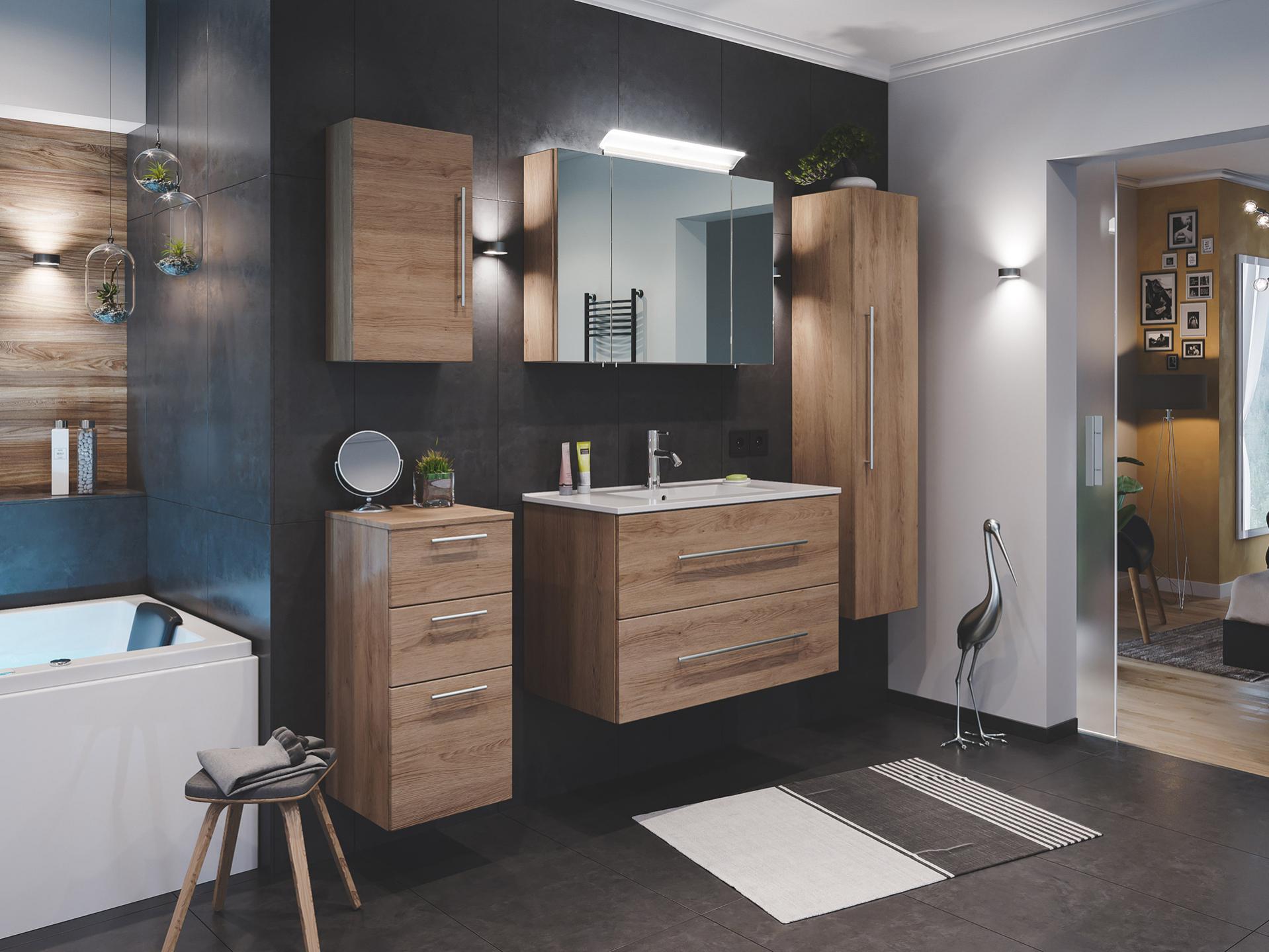 Ensemble de SDB FIRENZE 90 (5 Pièces/C) en décor chêne et armoire de