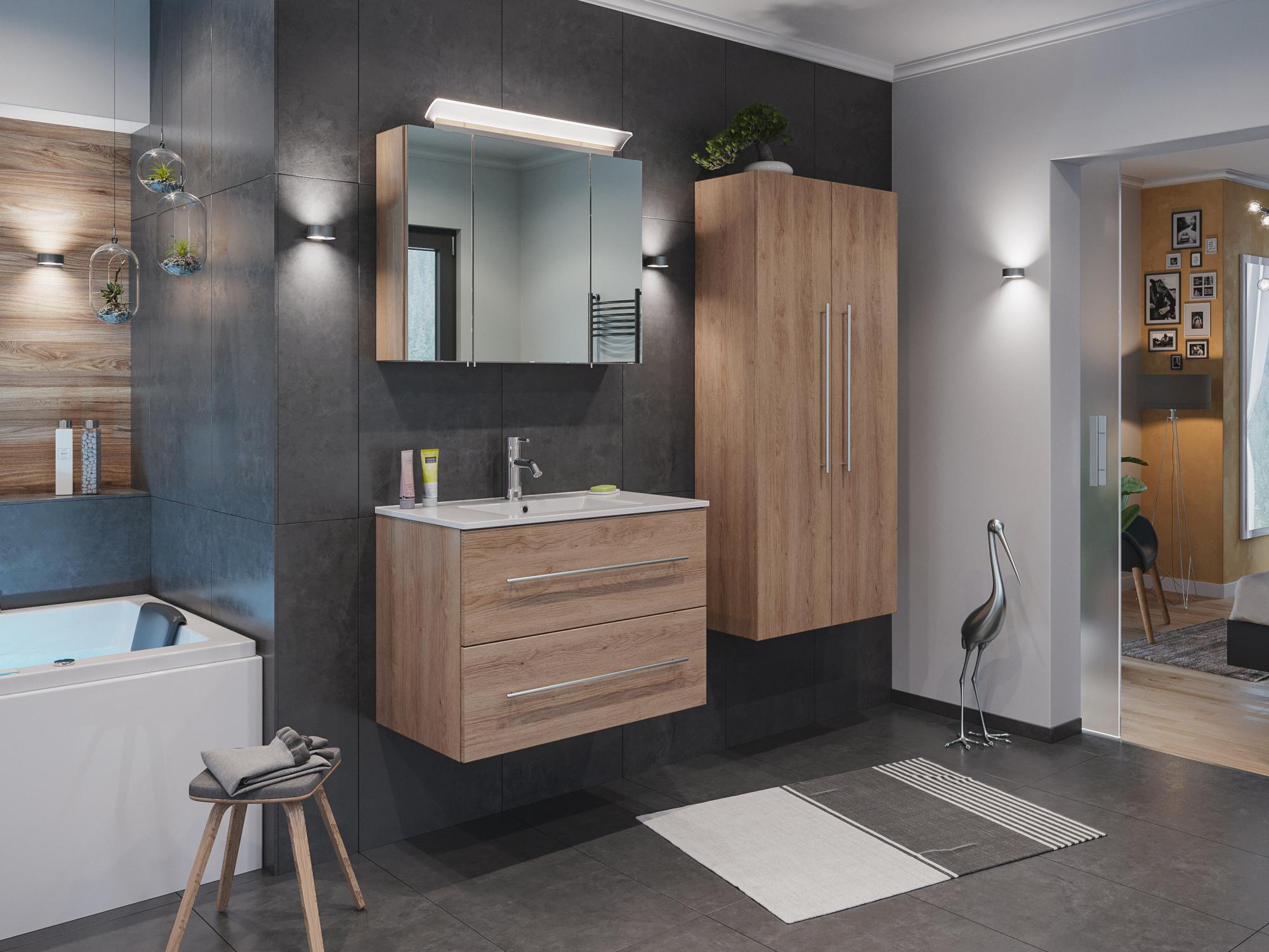 Ensemble de SDB FIRENZE 80 (4 Pièces/C) en décor chêne avec armoire de