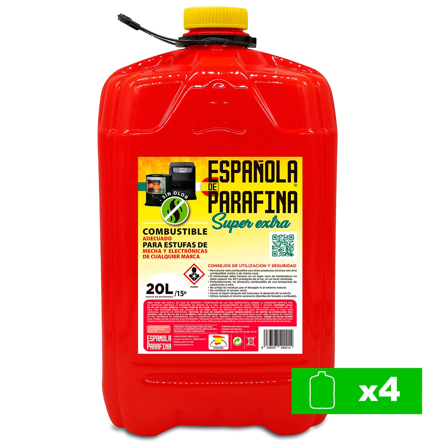 Parafina para Estufas sin Olor Líquida 4 x Bidón 20L Combustible Líquido,  Española de Parafina, , , SUPER EXTRA