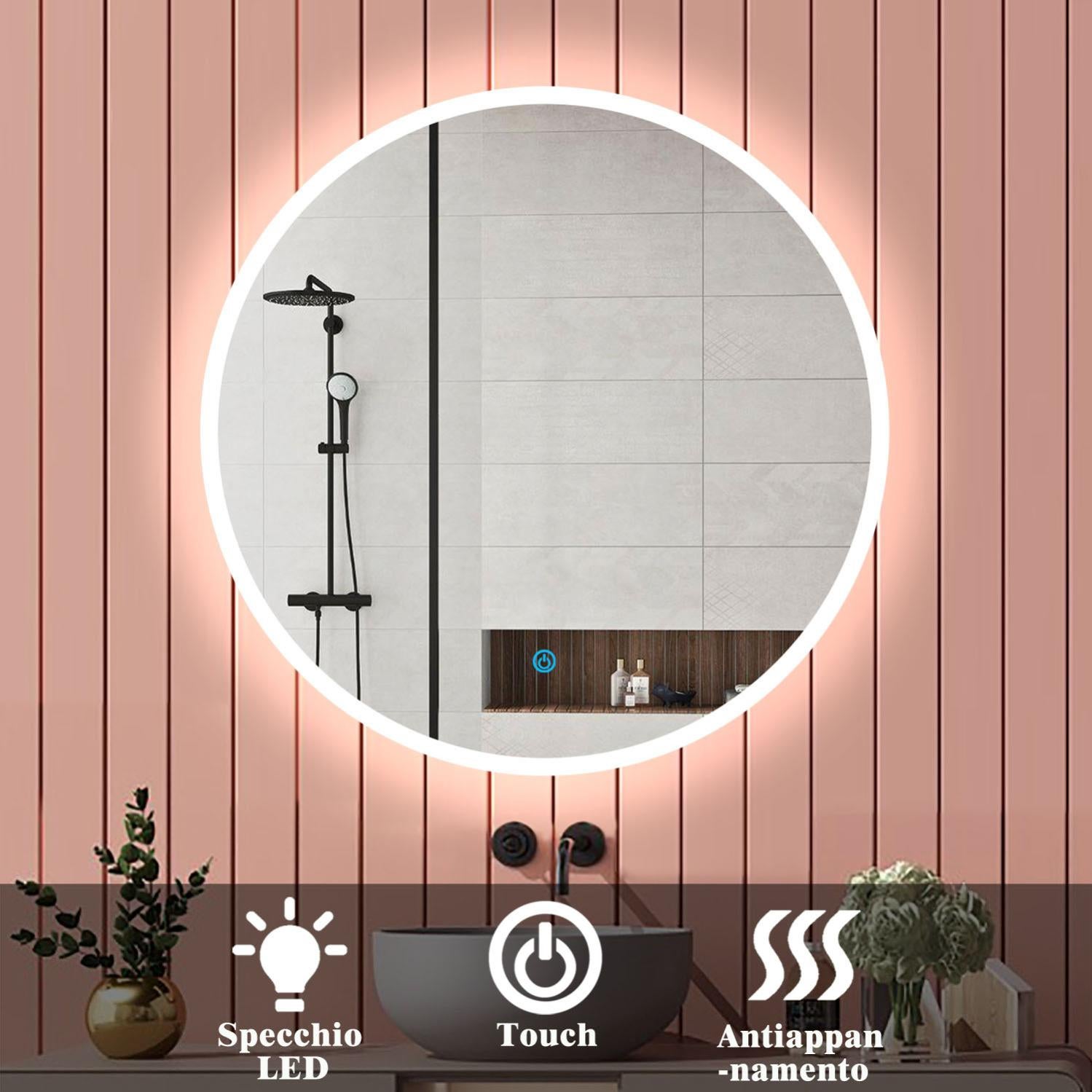 YOLEO Specchio da bagno rotondo con illuminazione, specchio rotondo da 60 cm con illuminazione, specchio da parete con interruttore touch e vetro anti | Leroy Merlin