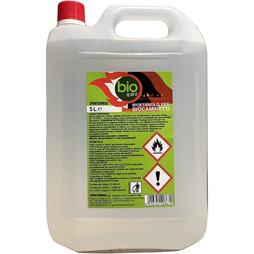 20 lt Taniche Bioetanolo combustibile stufe Bio Sprint 5 lt 99,9% inodore  no fumo naturale no zolfo 4 pz x 5 litri