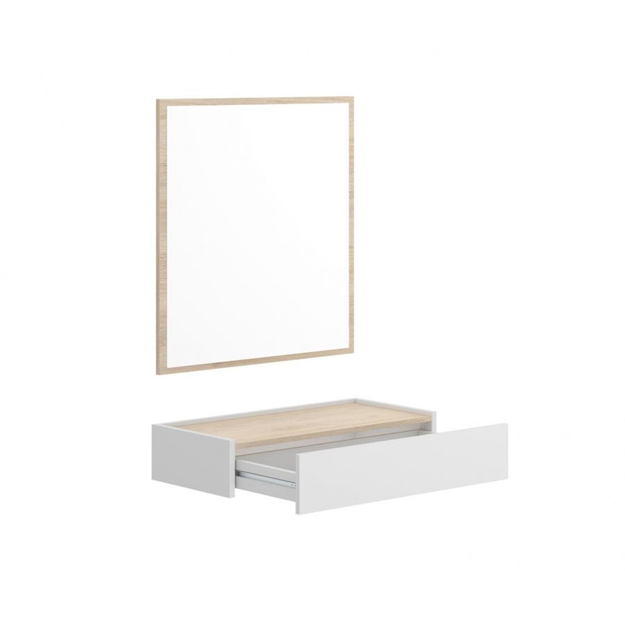 Recibidor con 1 cajón y espejo color roble/blanco, 95 x 26 x 19 cm