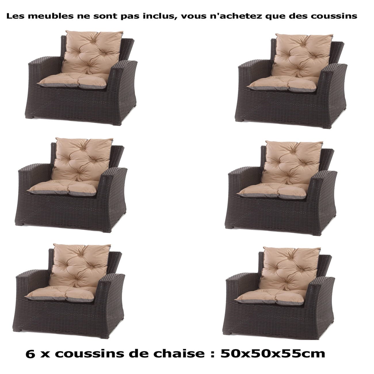 6 x Coussin pour chaise fauteuil de jardin 50x50x55cm - coussin de chaise  extérieur/intérieur Beige