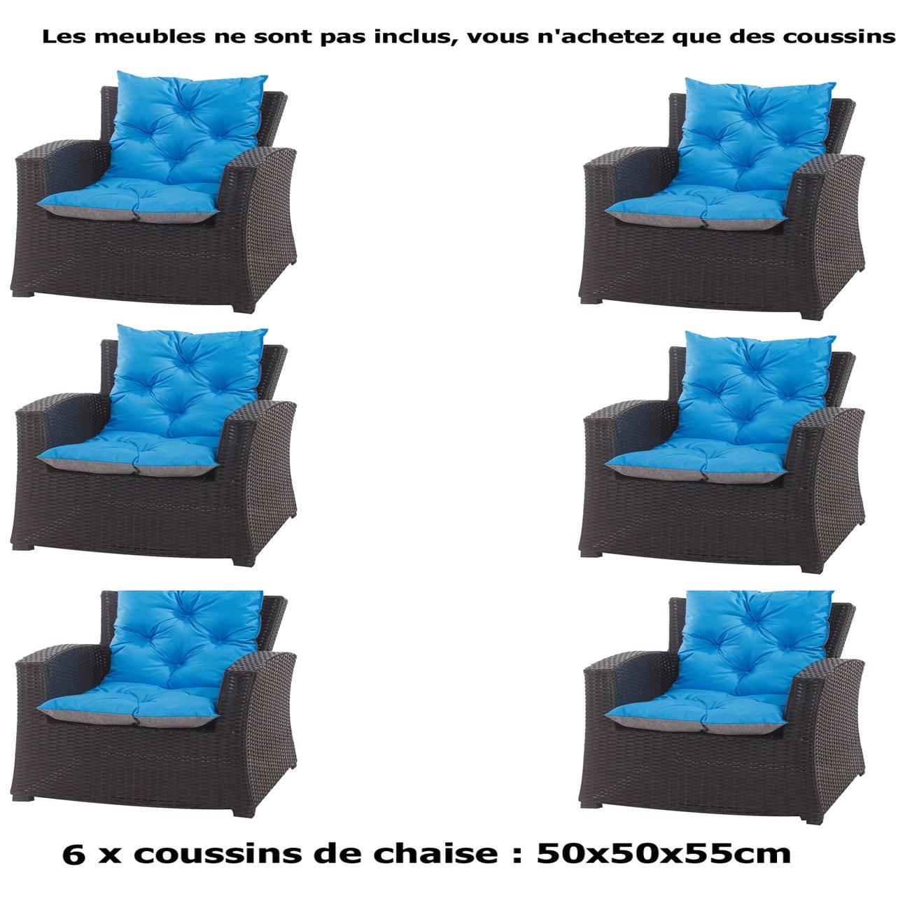 6 x Cuscini per poltrona da giardino 50x50x55 cm - Cuscino per sedia da  esterno/interno Blu