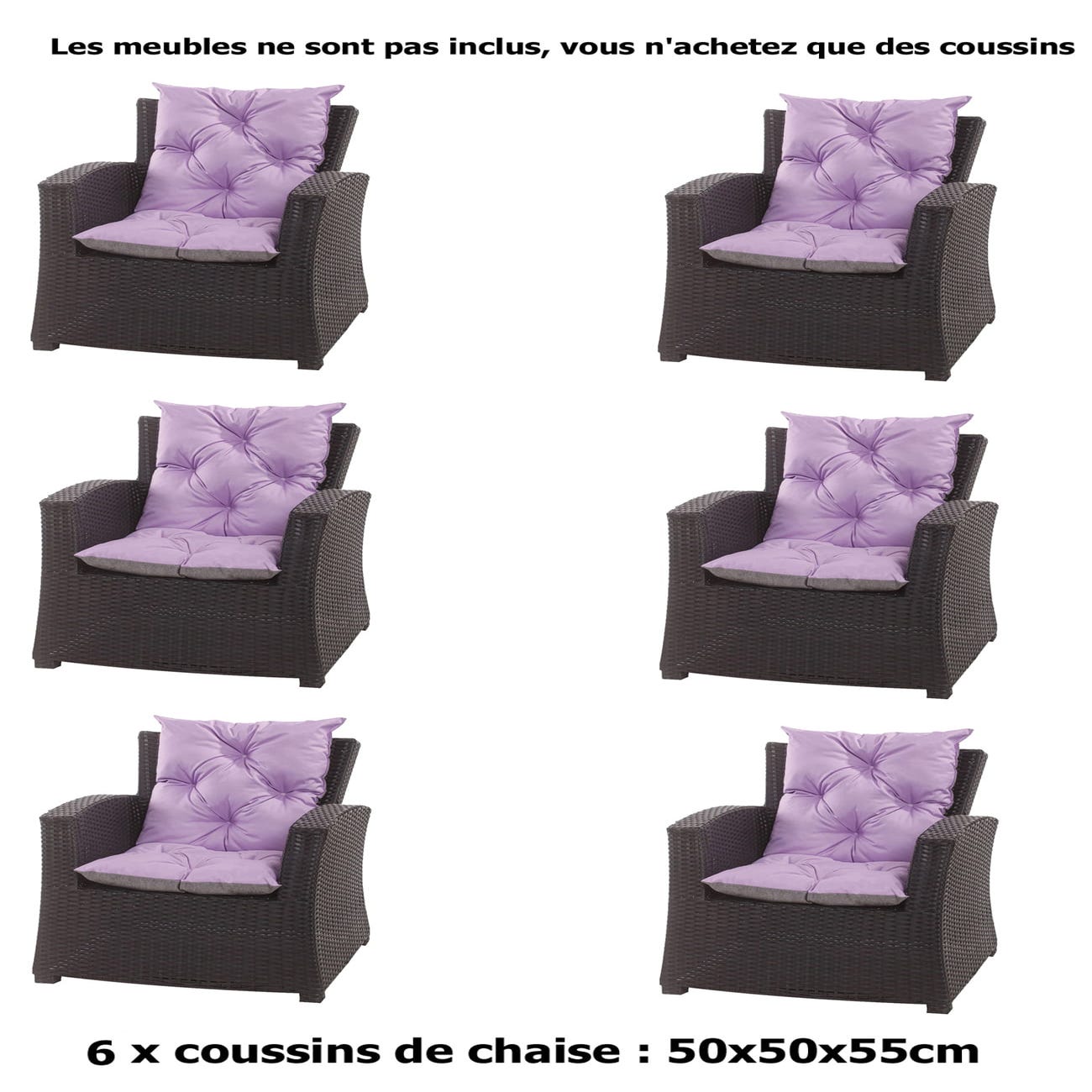 6 x Cuscino per poltrona da giardino 50x50x55 cm - cuscino per sedia da  esterno/interno Viola chiaro