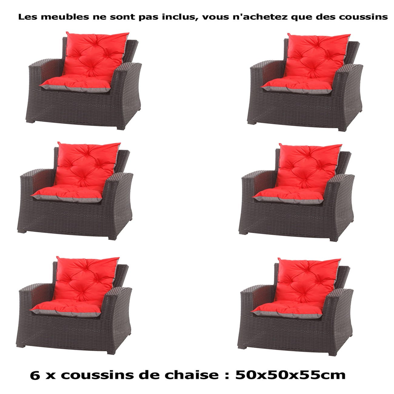6 x Coussin pour chaise fauteuil de jardin 50x50x55cm - coussin de chaise  extérieur/intérieur Rouge