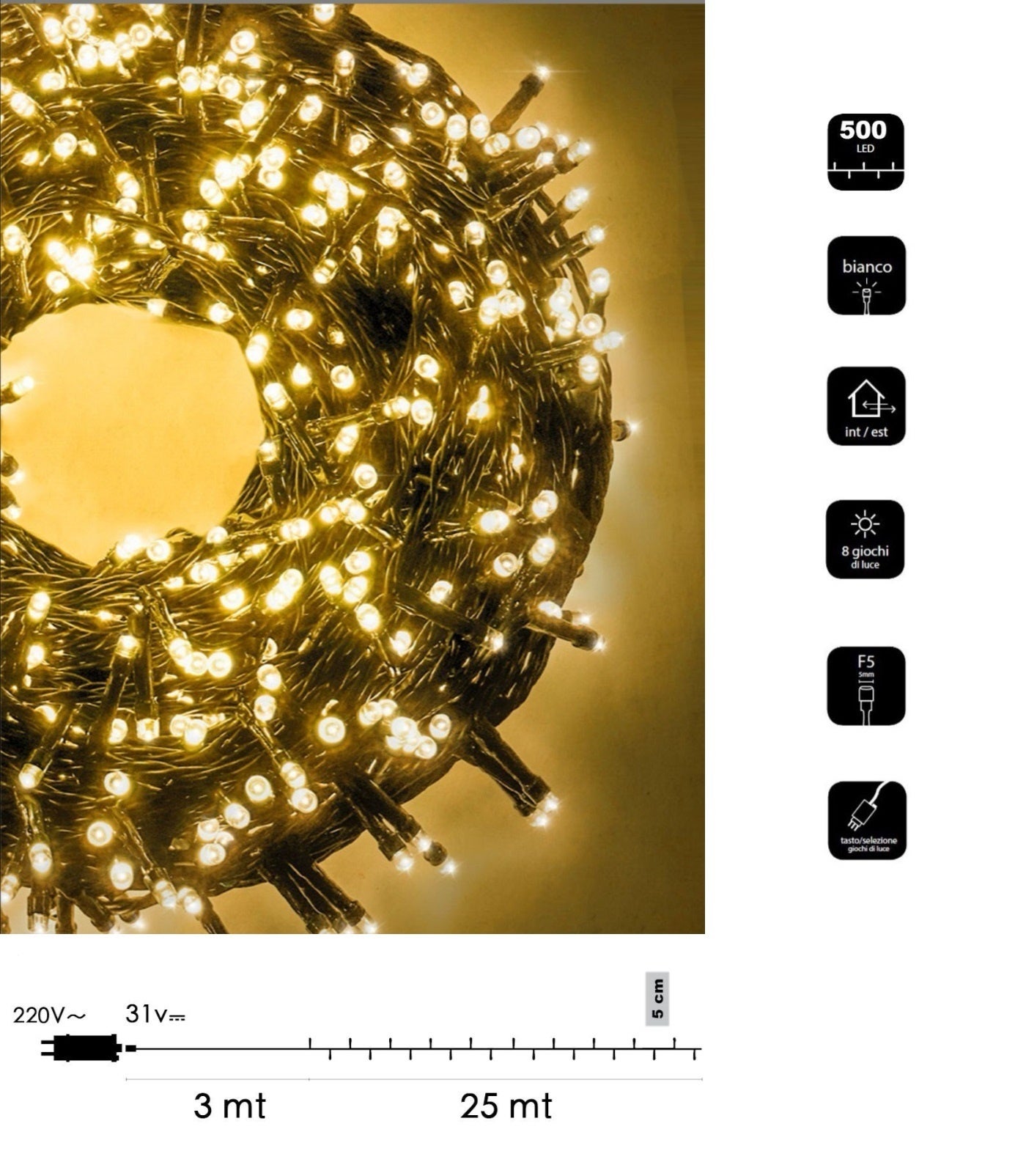 Catena Di Luci Natale Led Serie Luminosa Natalizie Per Esterno Interno Albero Feste Cavo