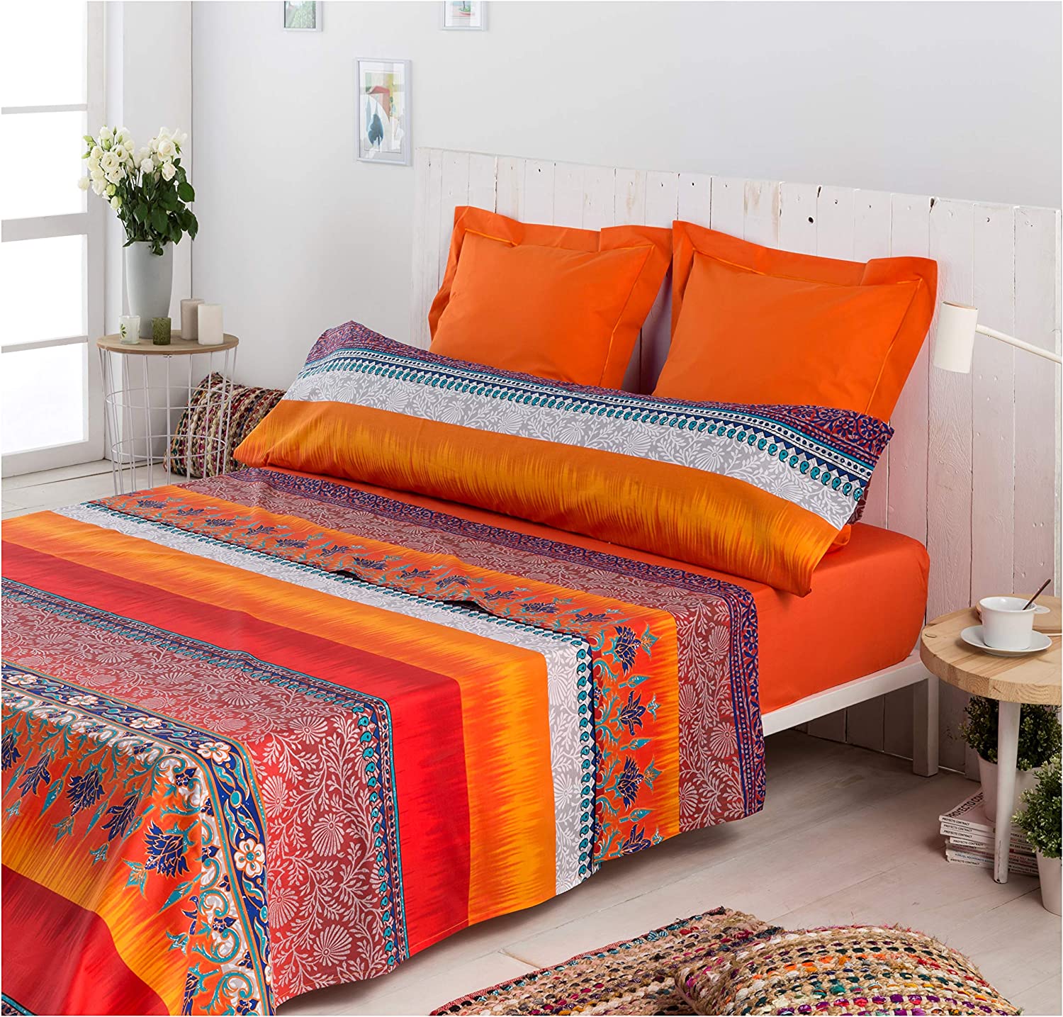 COTTON ARTean - Juego de sábanas INDI percal algodón 180 hilos multicolor  Cama 150