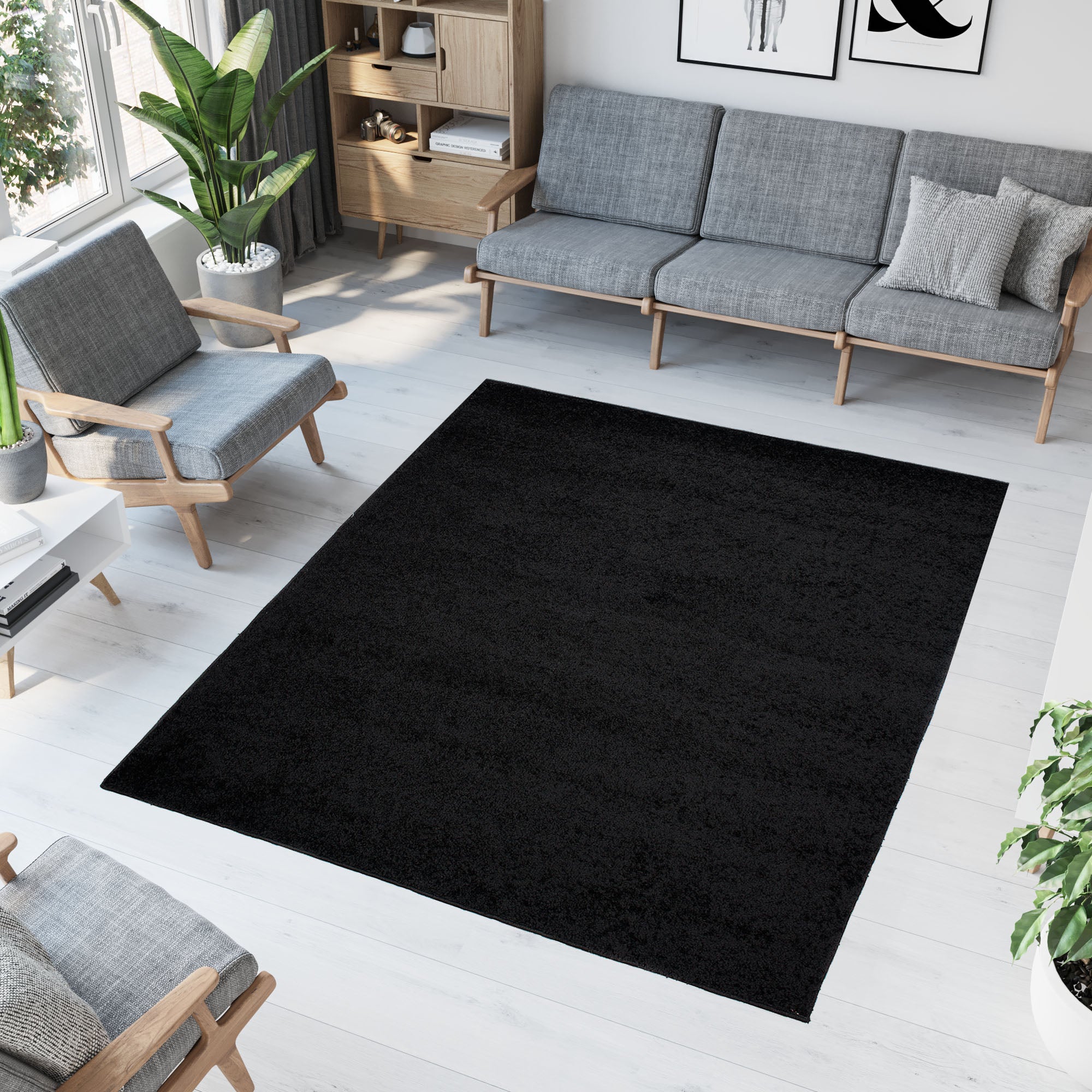 Tapiso Delhi Carr Tapis De Salon Chambre Design Moderne Noir Unicolore