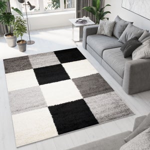 TAPISO Delhi Tapis de Salon Chambre Blanc Gris Noir Carreaux