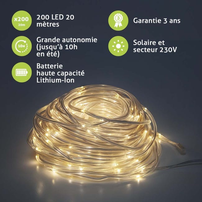 Guirlande Lumineuse Mini LED Étanche Cordon Renforcé Silver Solaire &  Secteur - 200 LED