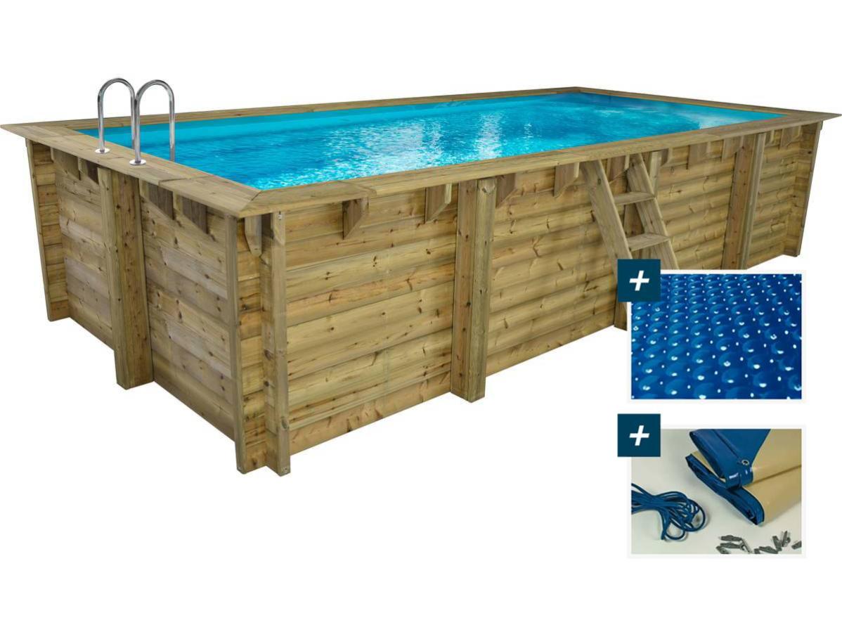 Piscina Rectangular De Madera &Quot;Tobago&Quot; - 6,20 X 3,00 X 1,31 M + Cubierta De Burbujas De 180 Μ - Cubierta De Invierno De 280 G/M²