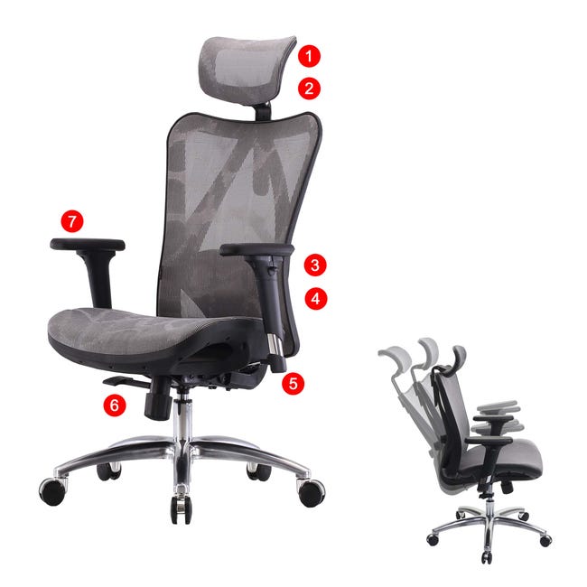 Sihoo chaise de bureau ergonomique, accoudoirs réglables, charge max. 150kg  ~ revêtement gris, piétement noir - Conforama