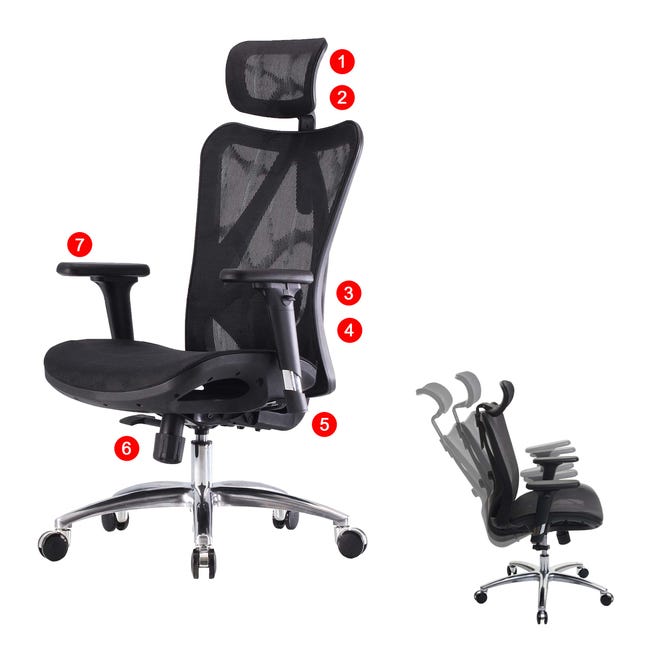 SIHOO chaise de bureau ergonomique charge max. 150kg ~ housse noire,  piétement noir