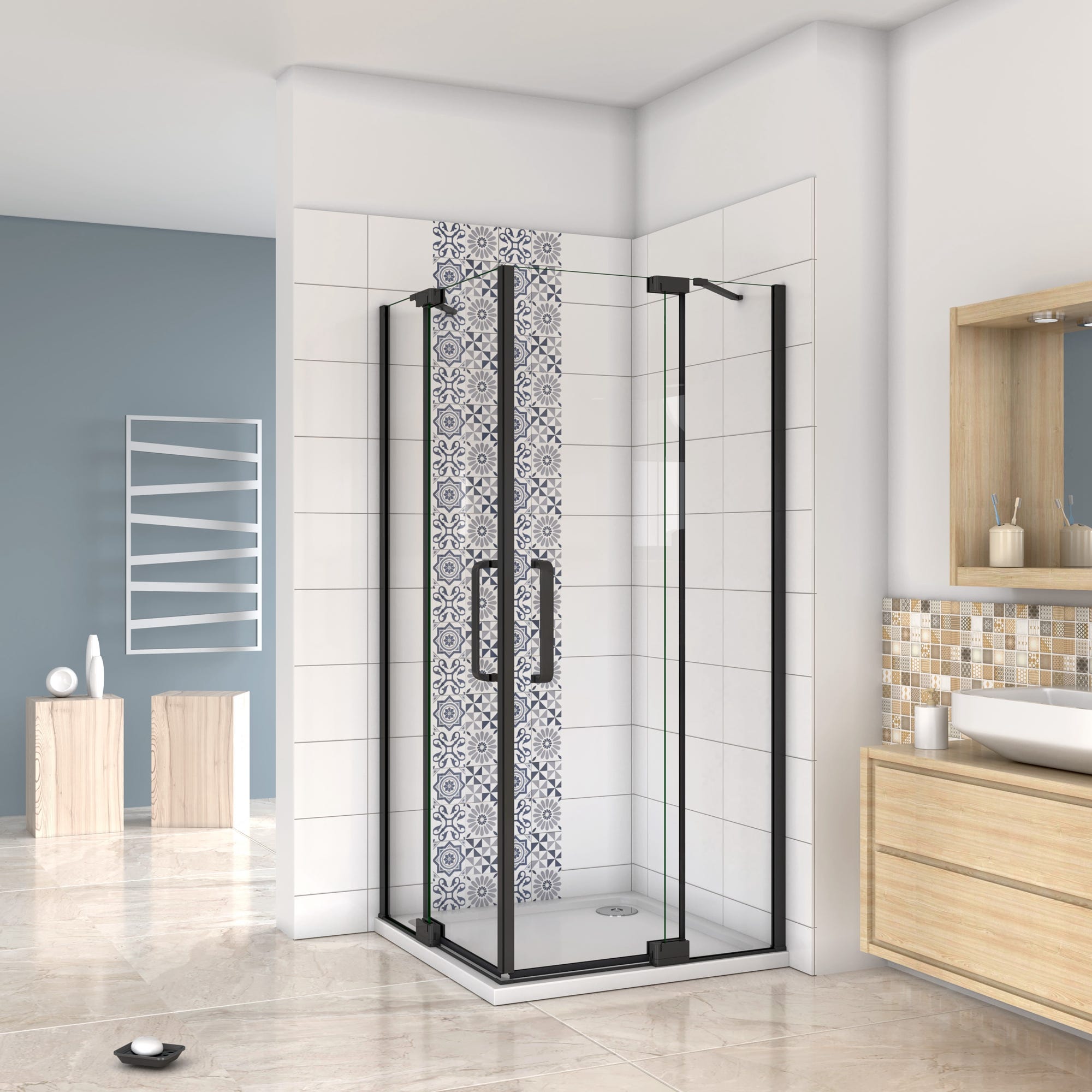 Mampara de ducha cuadrada con puerta corredera esquinera modelo Lauren de  75x120 cm en cristal templado