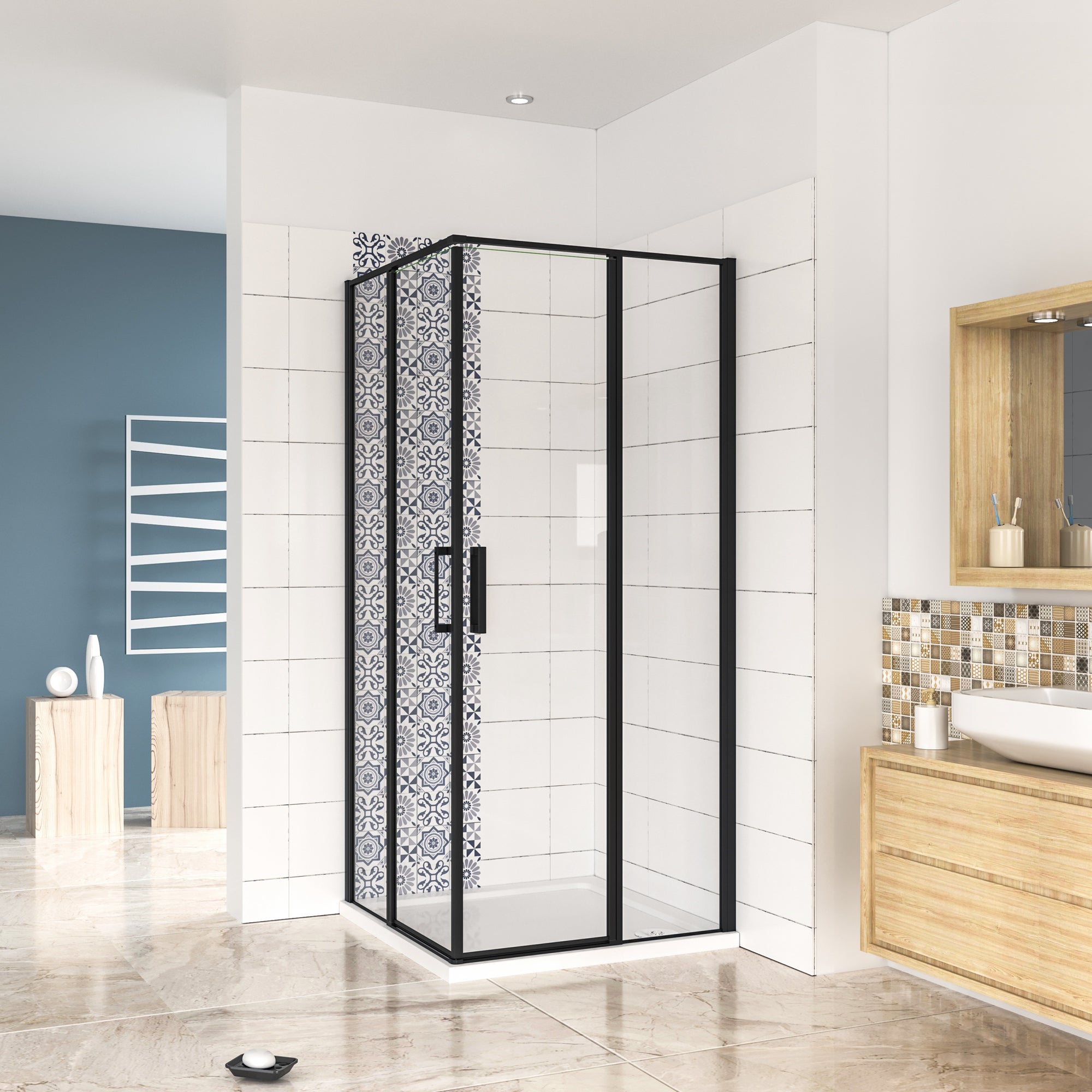 Mampara ducha frontal baño dos puerta plegable con perfil negro mate , –  Aica Sanitarios España