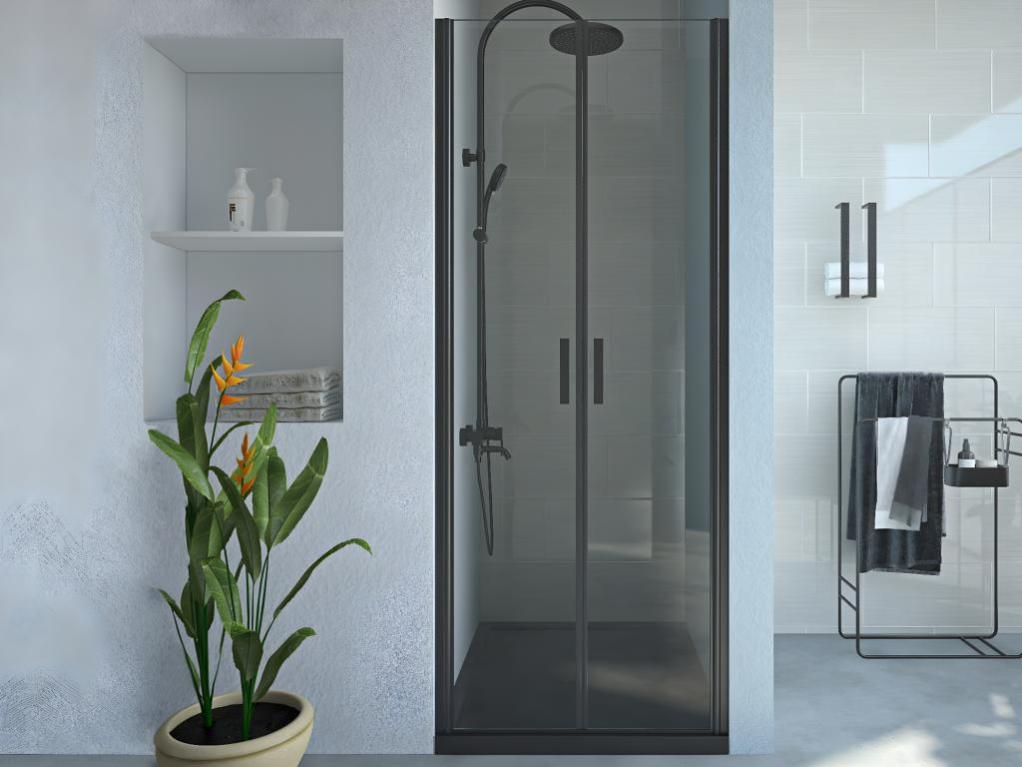 Porte de douche battante - 80 x 195 cm - Noir mat - Verre trempé