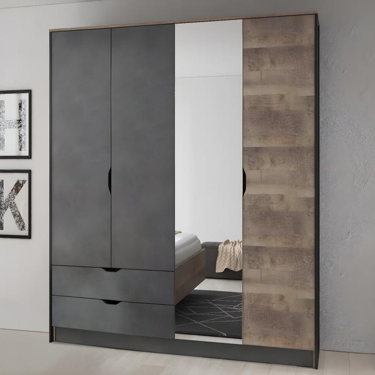 Armoire Liora, 4 portes, 2 tiroirs, 180 x 58 x 198.5, Bois massif /  Anthracite Moderne - Interlink