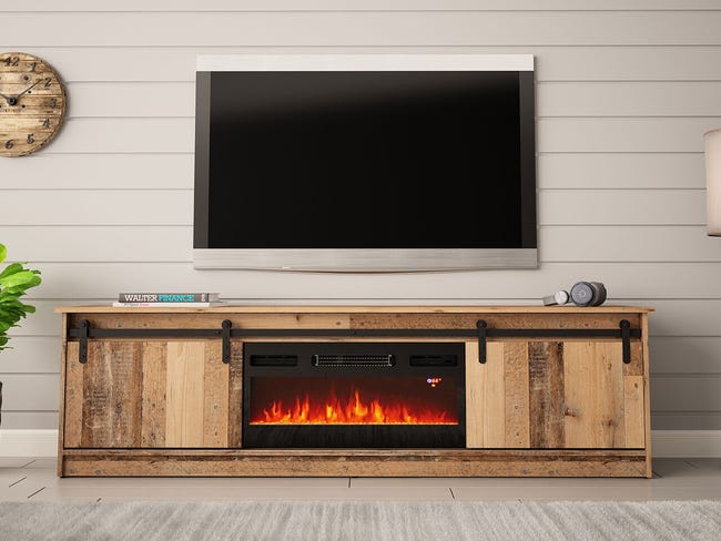Meuble TV 200x57x35 cm couleur vieux bois GRANGE Avec Cheminée chauffante  intégrée meuble Hi-fi à poser