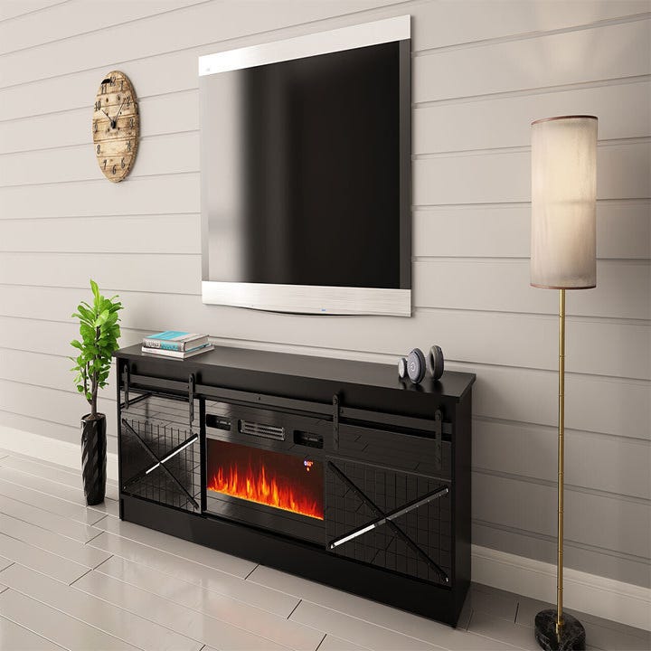 Meuble tv design avec cheminée artificielle intégrée en miroir